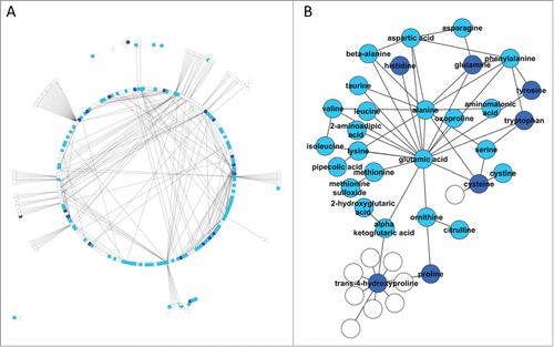 Figure 9. Network analysis of serum metabolites. (A) Overview of the network of relationships among metabolites. (B) Clustered network detected by network analysis. White nodes indicate metabolites that were not detected in this study, light blue nodes indicate metabolites that were detected but were not different (q > 0.25) between groups, dark blue nodes indicate metabolites that were detected and were different among groups. The edges indicate biochemical relationship among the metabolites.