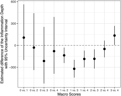 Figure 5. Differences of estimated inflammation depths of hock burn in broilers between the macro score categories (see footnote for definition of macro scores). The denotation 0 vs. 1 indicates that the difference between macro score 0 and macro score 1 is estimated. Positive estimated differences in the comparison of x vs. y indicate that the expected depth of inflammation is deeper in score x than in score y, and negative estimated differences indicate the opposite relationship. If the interval of estimation is completely below or above 0, the difference between considered macro score categories is significant. Note: Macro score 0 = no lesion, macro score 1 = superficial, attached (single) lesion or several single superficial or deep lesions ≤0.5 cm in diameter, macro score 2 = deep lesion >0.5 cm to ≤1 cm or superficial lesion >0.5 cm in diameter, macro score 3 = deep lesion >1.0 cm in diameter, macro score 4 = whole hock extensively altered.