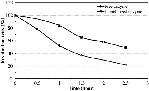 Figure 5. Thermal stability of native and immobilized bovine serum PON1 at 45 °C.