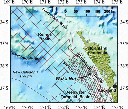 Figure 1  Location map of Waka Nui-1 and some of the more modern seismic data (red lines) tied to the well.