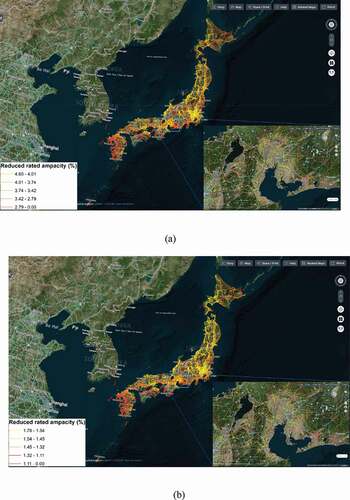 Figure 8. Visualization of power line capacity change for a 3.7°C warming scenario for (a) ACSR and (b) TACSR transmission cables