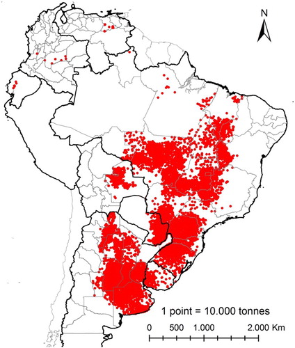 Figure 1. Map of soy production in South America by volume, 2013.