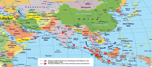 Map illustrating the Hadrami travel route from his native land Hadramaut, Yemen to Jambi and the regions in Indonesia.