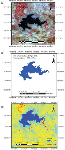 Figure 3. (a) False colour composite of Patratu Reservoir (22 April 2006) near MDDL, (b) extracted water spread areas of Patratu Reservoir near MDDL (22 April 2006), and (c) NDWI map of Patratu Reservoir near MDDL (22 April 2006).