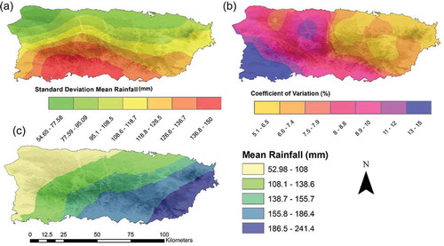 Figure 15. Maps of (a) standard deviation, (b) coefficient of variation and (c) mean rainfall for the 15 TCs associated with the highest number of flood peaks.