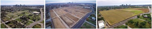 Figure 1. Site of the new National Geospatial-Intelligence Agency (NGA) West Campus located in the heart of the St. Louis Place neighborhood in (from left to right) 2016, 2017, and 2018. Image credits, left to right: David Carson, St. Louis Post Dispatch; Chris Lee, St. Louis Post Dispatch; provided by NGA West.