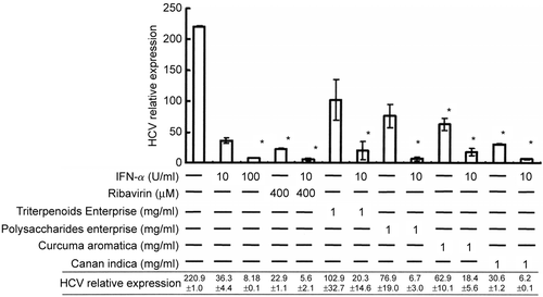 Figure 3.  Replication inhibition effect on Huh-7 cells containing an HCV subgenomic replicon by herbal and fungal extracts with real-time quantitative PCR analysis. HCV-Huh-7 cells (7 × 106/ml) were treated with Triterpenoids Enterprise (Shuang Hor Lingzhi®), Polysaccharides Enterprise (Shuang Hor Supreme Lingzhi®), or extracts from C. aromatica or C. indica at 1 mg/ml for 48 h, and 1 μg RNA was extracted to perform real-time quantitative PCR. The relative HCV RNA titers were compared with those of untreated cells. Relative HCV RNA titers of cells treated with the four herbal extracts in combination with 10 IU/ml of IFN-α were also obtained as indicated. Results are expressed as the mean ± standard deviation for three replicate wells. Cell treatment at each concentration has been repeated in three separate experiments.