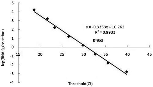 Figure 4. Standard curves of the developed TaqMan real-time RT-PCR assay using the specific probe. The linear dynamic range was established among 160.14 pg/reaction, 16.01 pg/reaction, 1.60 pg/reaction, 160 fg/reaction, 16.0 fg/reaction, 1.60 fg/reaction 0.16 fg/reaction and 0.02 fg/reaction RNA of MCMV. Each point represents the mean Ct (eight independent reactions, three replicates each). The coefficient of determination (R2) and the efficiency (E) of each linear regression curve is indicated.