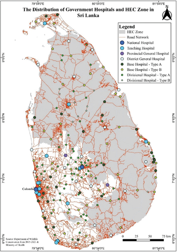 Figure 3. Distribution of the government hospitals, HEC zone and road network of Sri Lanka (MOH Citation2023).