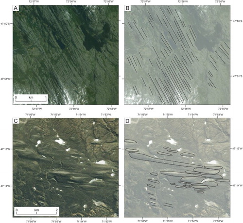 Figure 10. Examples of glacial lineations from across the study area. (A) Satellite image (DigitalGlobe 2014; ESRI™) and (B) mapped lineations formed in bedrock south of Los Ñadis. (C) Satellite image (DigitalGlobe 2015; ESRI™) and (D) mapped lineations formed in sediment at the junction of Valle Chacabuco and the Pueyrredón basin.