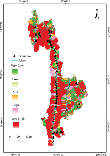 Figure 13. Debris flow susceptibility map for Nujiang Prefecture.