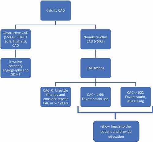 Figure 2. Suggested algorithm for calcific CAD. The presence of calcium in CAD can display different morphologies with different risk profiles, however, its only presence represents risk, thus, we suggest for nonobstructive CAD to go together with CAC score for better risk management.