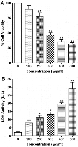 Figure 3. Effect of SiO2-NPs on (A) cell viability and (B) LDH leakage in L-132 cells. Control cells cultured in particle-free medium were run in parallel to the exposed groups. Values were the mean ± SEM from three independent experiments. Significance indicated by: **p < 0.01 versus control.