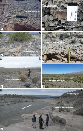 Figure 3. From the first to the eighth alluvial levels, the desert varnish cover of the deposits decreases in intensity, accompanied by an increase in the vegetation cover and clasts size heterogeneity.