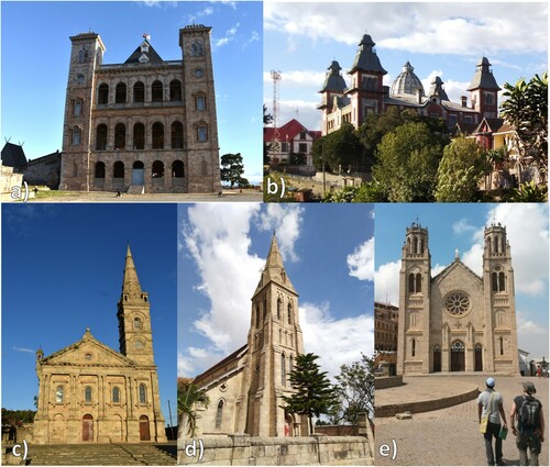 Figure 3. Antananarivo historical center quarter areas, including the possible new UNESCO Core and Buffer zones. The High City cultural heritage: (a) The Rova Palace; (b) Andafiavaratra Palace; (c) The Royal Chapel; (d) Ambohipotsy Cathedral; (e) Andohalo Cathedral.