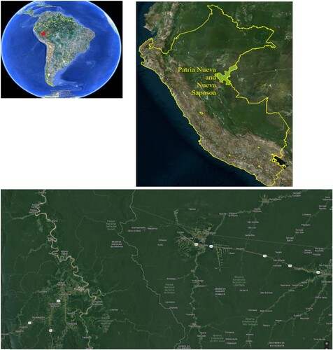 Figure 1. Location of the Patria Nueva and Nueva Saposoa, Sierra del Divisor Natural Park, Peru. Google Maps: satellite image of the National Park of Sierra de Divisor between Brazil and Peru, downloaded 2022, 4 April.