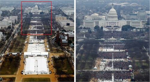 Figure 6. Trump inauguration comparison.Note: A US National Parks Service photographer edited official pictures of Donald Trump’s inauguration to make the crowd appear bigger following a personal intervention from the president, according to documents obtained through a Freedom of Information Act request lodged by The Guardian in 2018. The NPS photographer cropped out empty space “where the crowd ended” for a new set of pictures requested by Trump on the first morning of his presidency, after he was angered by images showing his audience was smaller than Barack Obama’s in 2009. Such edits could have been revealed through an analysis of the JPEG file’s compression details.