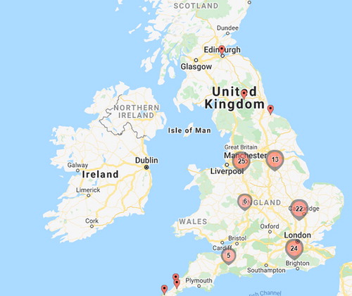 Figure 2. Geographical spread of respondents who provided postcode data (n = 101).