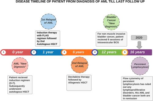Figure 1 Disease timeline of the patient course of illness from the time of diagnosis of AML to last follow-up.