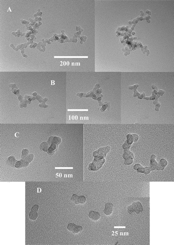 FIG. 7 TEM images of mobility size selected soot particles. (a) d m = 200 nm. (b) d m = 100 nm. (c) d m = 50 nm. (d) d m = 25 nm.