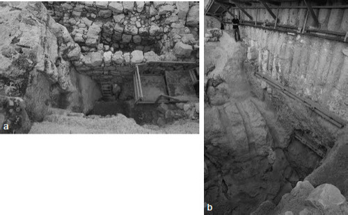 Fig. 6: a) The southern scarp, looking west; b) the northern scarp and Installation 7744, looking north (photos by Erik Marmor, courtesy of the City of David Archive)