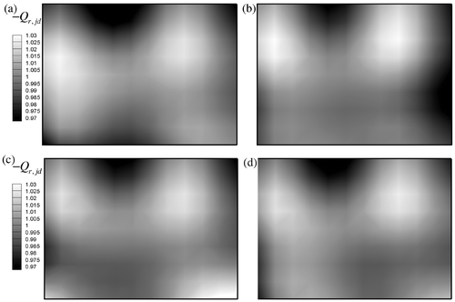 Figure 8. Dimensionless net luminous flux on the design surface from: (a) GEO1; (b) GEO2; (c) GEO3; (d) TSVD; Case 2.