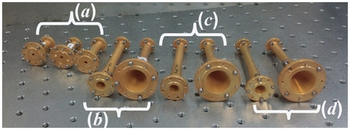 Figure 7 Fabricated corrugated λ/2 to λ/4 mode converters and oversized λ/4 corrugated tapered transitions: (a) λ/2 to λ/4 mode converters with Nslot = 2, 5 and 15, (b), (c), and (d) corrugated λ/4 tapered transitions with Nslot = 2, 5, and 15, respectively with tapered angles of 3° (left) and 10° (right).