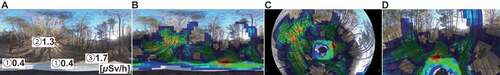 Figure 10. Gamma-ray all-sky images superimposed on optical images of Fukushima Prefecture, where the average dose rate is ∼1 μSv/h. The observation time was 2 h. The 50–70%, 70–85%, and 85–100% levels are shown by the color contours in blue, green, and red, respectively, where the mean value over the whole field of view was set to 50%. (A) All-sky optical image by equirectangular projection. The dose rates measured with a scintillation-type survey meter are shown for different areas: ① gravelly path covered with fallen leaves, ② mountain slope, and ③ a gully. (B) Gamma-ray all-sky image superimposed on the optical image by equirectangular projection. (C) Image (B) by stereographic projection and (D) its zoomed version.