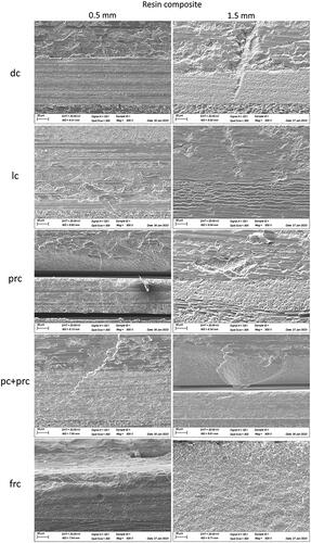 Figure 4. Failure origin of failed cemented resin composite discs (thickness 0.5 and 1.5 mm) luted according to different luting procedures (500x).