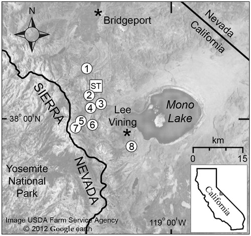 FIGURE 1. Map of the study locations, showing eight talus sites and the USDA-NRCS Virginia Ridge SNOTEL site.