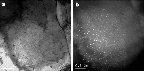 Figure 22. (a) Bright field image showing ferrite grain with array of fine precipitate inside the grain and (b) dark field image taken using NbC (−13–1) diffraction spot (adapted from reference [Citation43]).