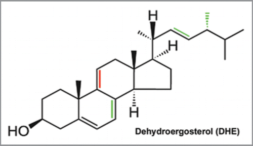 Figure 1 Chemical structure of dehydroergosterol. Differences to ergosterol and cholesterol are indicated in red, while additional differences between DHE and cholesterol are indicated in green. Accordingly, DHE differs from ergosterol just in one additional double bound in the steroid backbone (red).