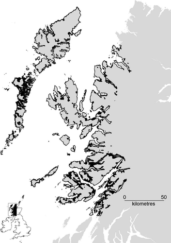 Figure 2 Geographical information system model of potential White‐tailed Eagle nesting habitat (solid black) within the study area (see text for details).