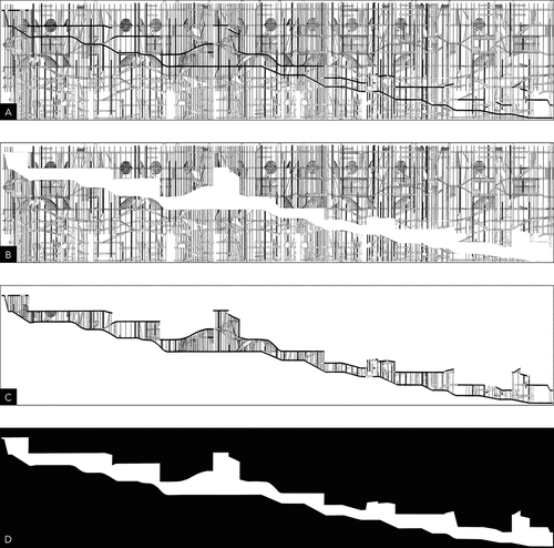 Figure 15. Analysis of the rotated-section: (A) original assembled section; (B) extraction of the boulevard; (C) isolated boulevard; (D) solid and void diagram of the section. Source: Koolhaas Citation1996, 140–141 (A); graphics by author on the basis of a (B – D).