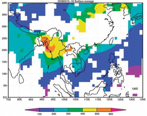 Fig. 5 Average CO concentrations at 1000 hPa obtained from MOPITT satellite between 15 and 18 March, 2008. Unit: ppb.
