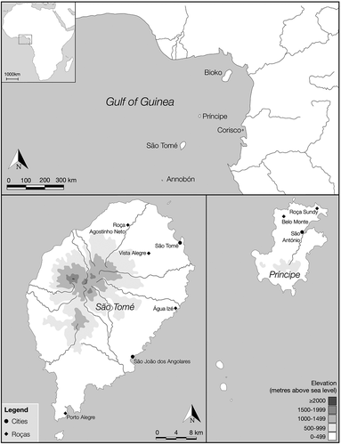 Figure 1. Map of São Tomé and Príncipe showing its location within the Gulf of Guinea and the locations of places mentioned in the text.