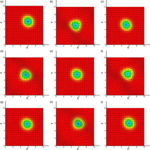 Figure 3. Density and grid variation for vortex advection with the grid velocity given in Equation (Equation32(32a) ).