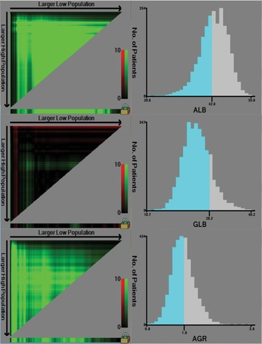 Figure 1 Calculation of cut off value of albumin, globulin and AGR by X-tile software.