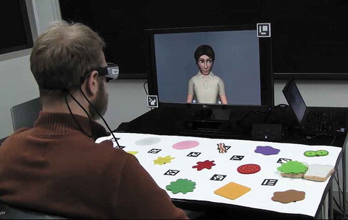 Figure 3. A user interacting with an agent that employs gaze cues to help coordinate and direct the user to the intended target in a collaborative sandwich-building game. (Image from Andrist et al., Citation2017)