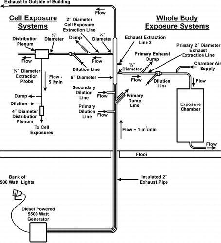 FIG. 1 Schematic of the single-cylinder engine generation/dilution/exposure system. Exposure configurations are shown for both rodent and cell exposure systems.