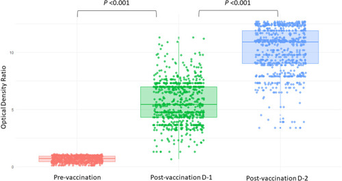 Figure 2 Jitter-box plots showing antibody levels at pre-vaccination, post-vaccination dose 1 and post-vaccination dose 2 among participants. P-value was determined by Wilcoxon Signed Rank test. P <0.001 between (i) pre-vaccination and post-vaccination dose-1, and between (ii) post-vaccination dose-1 and post-vaccination dose-2. Person without infection had Optical Density Ratio (ODR) below 0.8 at pre-vaccination period hence a smoothened appearance.