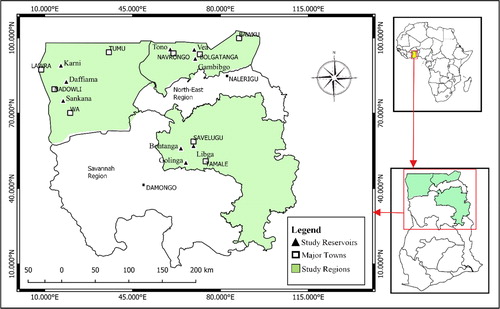 Figure 1. Map of northern Ghana showing the location of the study reservoirs (red color).