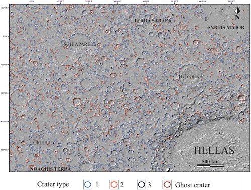 Figure 10. MOLA shaded relief map showing the distribution of different types of mapped impact craters in part based on the description by CitationMangold et al. (2012), which include Type-1 (blue outlines; no visible ejecta, larger in size, absence of central peak, visible fluvial landform, and estimated age >3.7 Ga), type-2 (red outlines; partially visible ejecta and fluvial landform) craters, type-3 (black outlines; absence of fluvial landform and preserved ejecta), and ghost (brown outlines; curvilinear features such as scarps of possible impact origin) craters are marked with brown outlines.