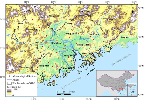 Figure 1. Terrains, river system, cities and meteorological stations in the GBA.