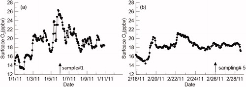 Fig. 5. Hourly averages of surface ozone at Zhongshan corresponding to date of atmospheric Δ14CO2 sampling: (a) sample #1 on 6 January 2011 and (b) sample #5 on 26 February 2011.