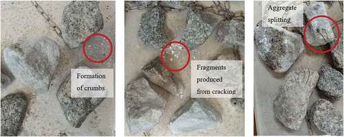 Figure 12. Distresses exhibited by ballast during sulphate soundness test