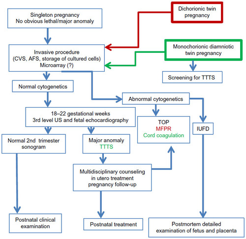Figure 1 A protocol of management of pregnancies with increased fetal nuchal translucency on singleton, monochorionic and dichorionic twin pregnancies.