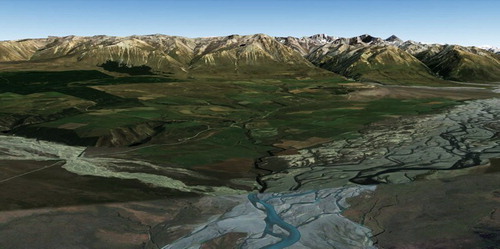 Figure 2. Oblique Google EarthTM imagery of Butler Downs with Rangitata River in right foreground, Forest Creek in left foreground, and Two Thumbs Range in background.