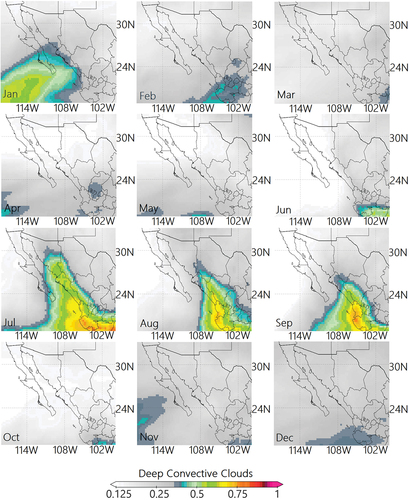 Figure 5. Monthly average distribution of the deep convective clouds (DCC) of 20 years (2001–2020) where 1 indicates complete cover.
