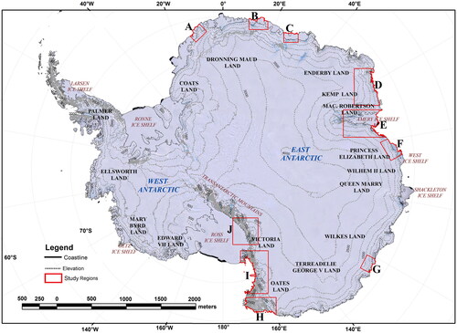 Figure 1. This study focuses on regions marked by red polygons for lake melt detection. The background is the Landsat image mosaic of Antarctica (Lima), created using around 1100 landsat 7 imageries collected from 1999 to 2003. The elevation contours derived from the reference elevation model of Antarctica (REMA) are shown at an interval of 500 m.